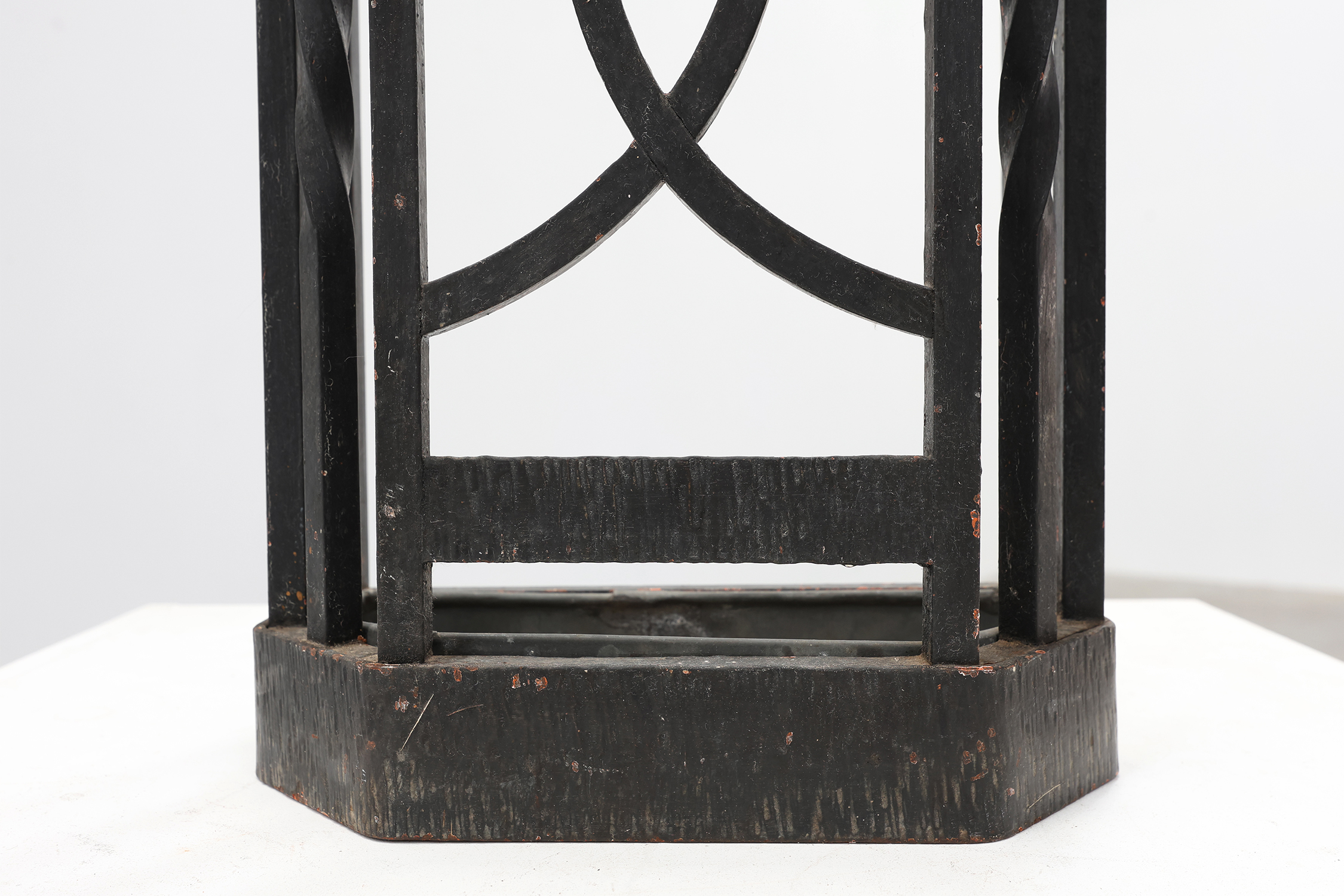 Art Deco metal umbrella stand with geometric openwork and brass rim, Belgium, 1920sthumbnail